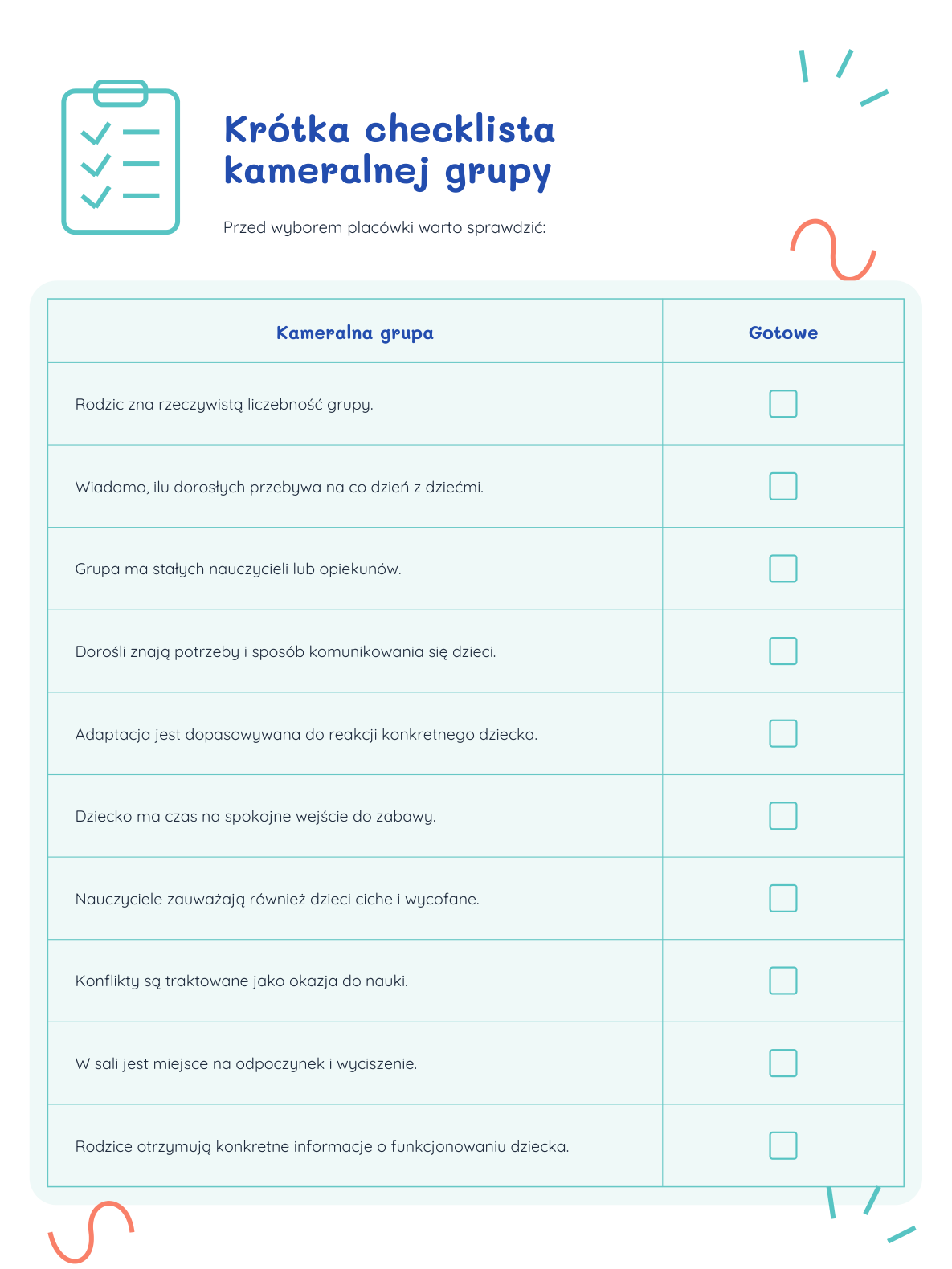 Krótka checklista kameralnej grupy w przedszkolu lub żłobku